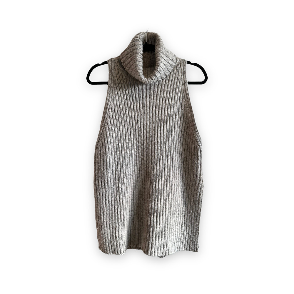 ZARA Tan Cream Ribbed Sweater Vest Turtleneck Side Slits Size S